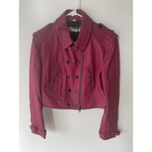 Burberry London Womens Cropped Pink Leather Double-Breasted Moto Jacket With Zip